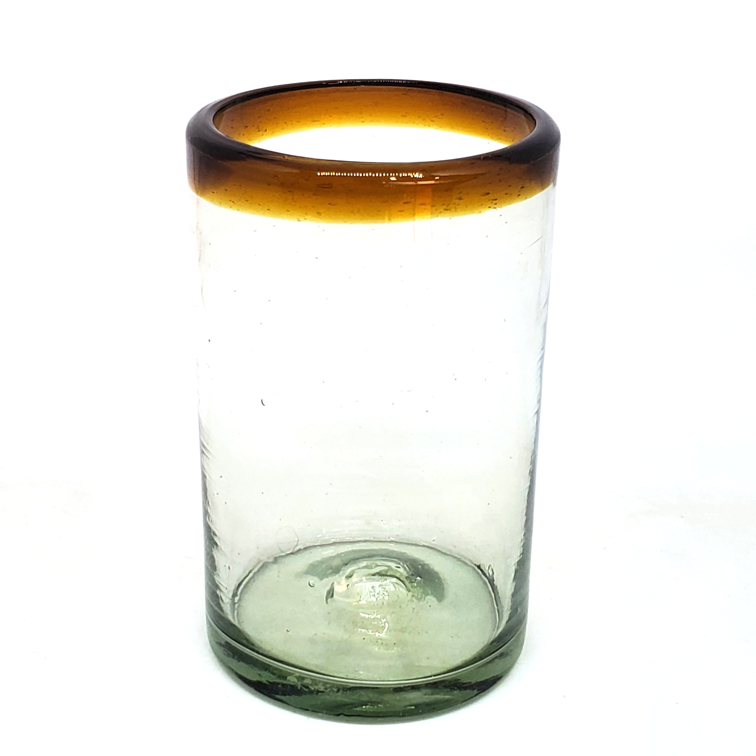 VIDRIO SOPLADO / Juego de 6 vasos grandes con borde color mbar, 14 oz, Vidrio Reciclado, Libre de Plomo y Toxinas